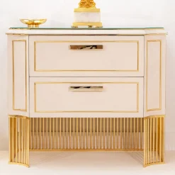 Comodino in pelle bianca e ottone placcato oro*CG Capelletti Clearance