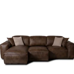Divano Placido in Pelle Marrone a 3 Posti con Chaise Longue*Mantellassi 1926