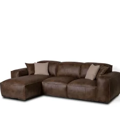 Divano Placido in Pelle Marrone a 3 Posti con Chaise Longue*Mantellassi 1926