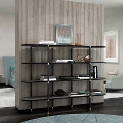 Libreria Boomerang in metallo nero e ottone con 4 ripiani di Pietro Russo Design*Casamilano Best