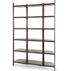 Libreria Petra in metallo rosso con mensole in vetro bronzo curvato*Borzalino
