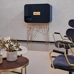 Mobile bar Mai Tai blu-nero in legno e metallo dorato*Black Tie New