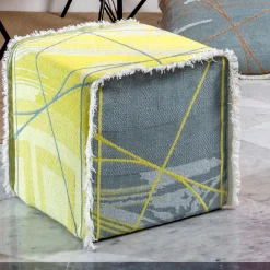 Pouf Reverso jacquard Giallo Cedro e Blu/Green Alga con frange*Effimero Barocco Discount