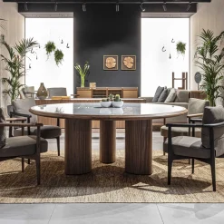 Sedia Lounge Greta Canaletto in noce e pelle grigia con braccioli*Durame Online