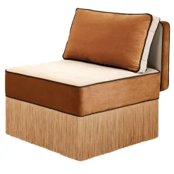 Sedia lounge modulare Lilli in tessuto beige e cognac con frange*Lorenza Bozzoli Couture New