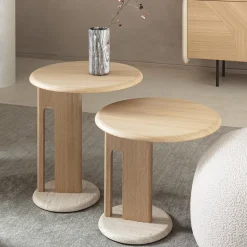 Tavolino Ambrogio Basso in rovere beige con base in marmo travertino romano*Morica Design
