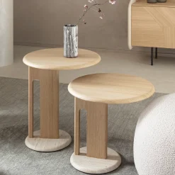 Tavolino Ambrogio Basso in rovere beige con base in marmo Travertino*Morica Design