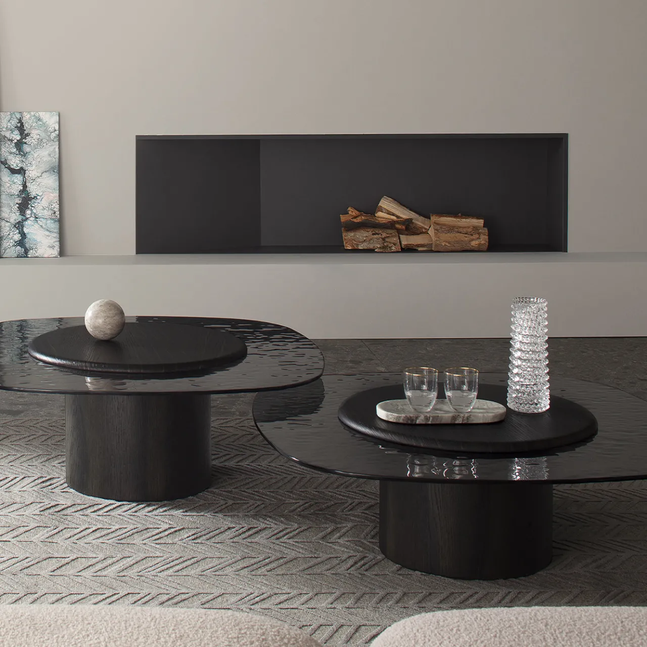 Tavolino da caffè Egg Basso grigio e ovale con piano in vetro*Morica Design New