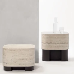 Tavolino rotondo moderno Lloyd in marmo travertino e noce*Giobagnara Hot