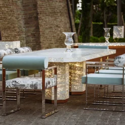 Tavolo da pranzo esagonale retroilluminato Eternal in marmo travertino di Bebo & Angel*Dolcefarniente Outdoor by DFN Online