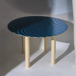 Tavolo da pranzo rotondo in vetro blu Stripes Optical*Giogio Barbi Clearance